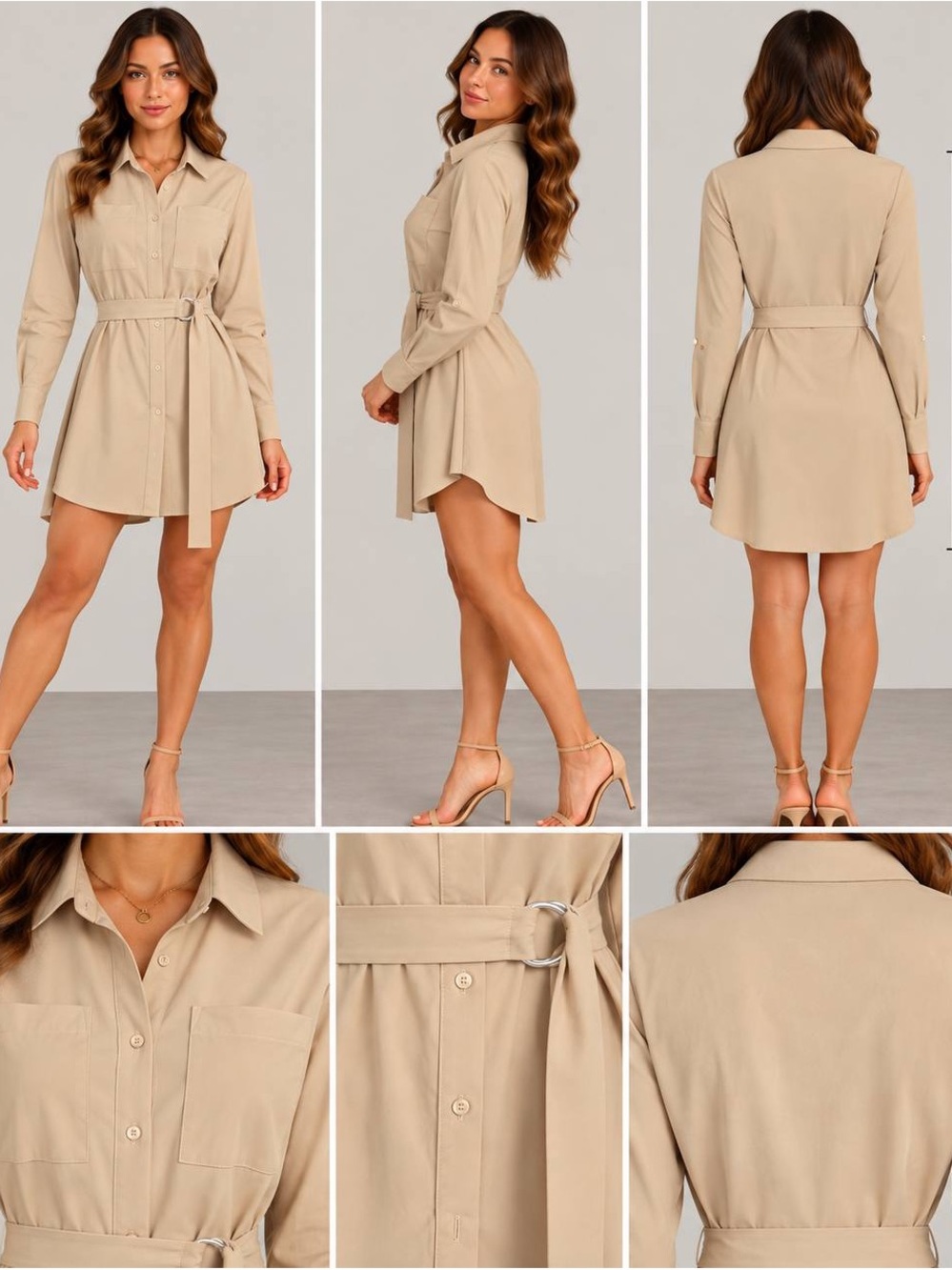 Timing Beige Belted Shirt Mini Dress